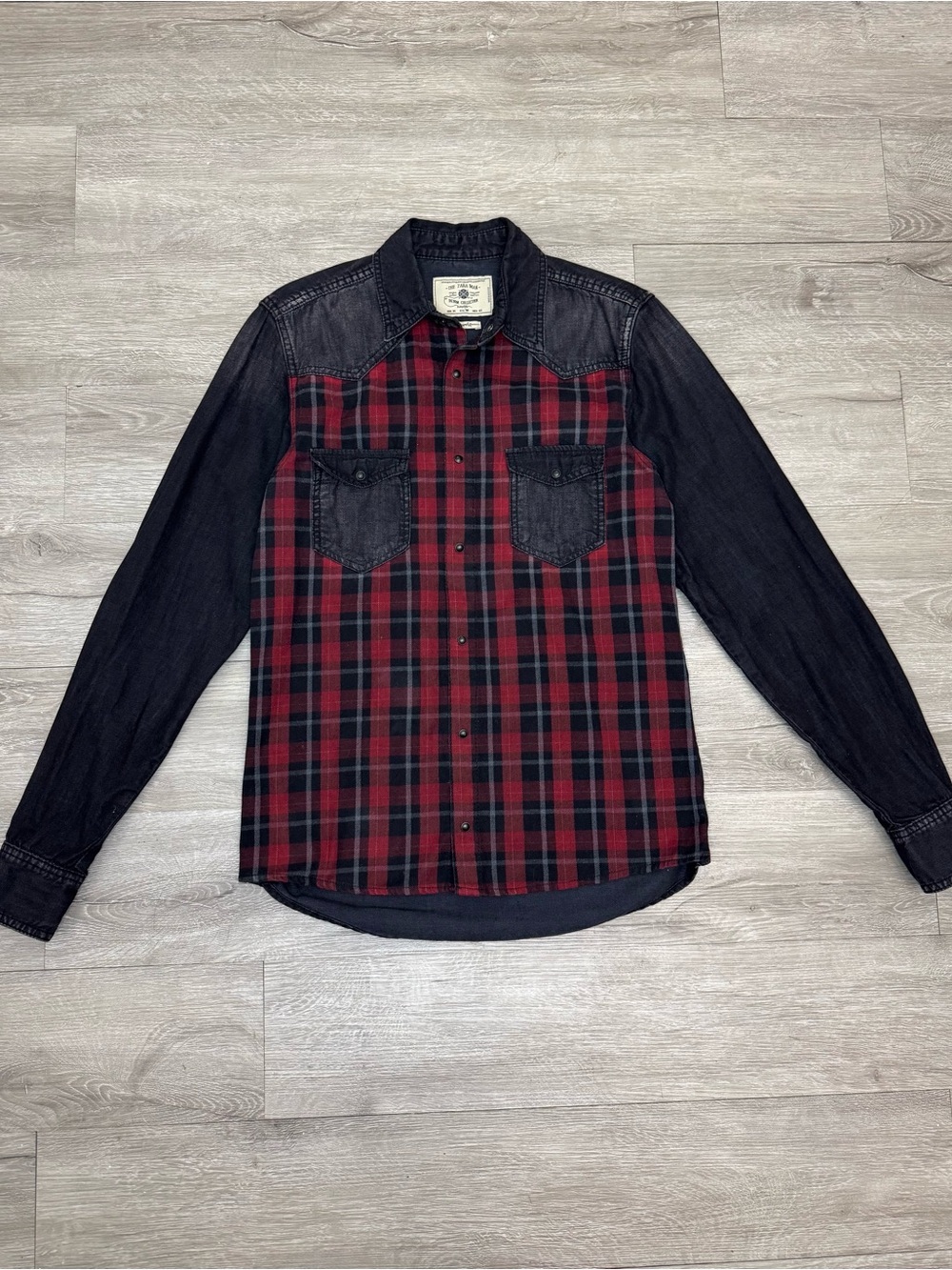 Plaid Denim Snap Button Shirt Slim Fit Western Long Sleeve Men's M